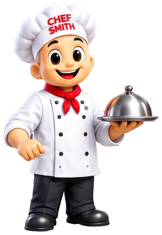 Chef Smith mascot carrying a covered serving dish