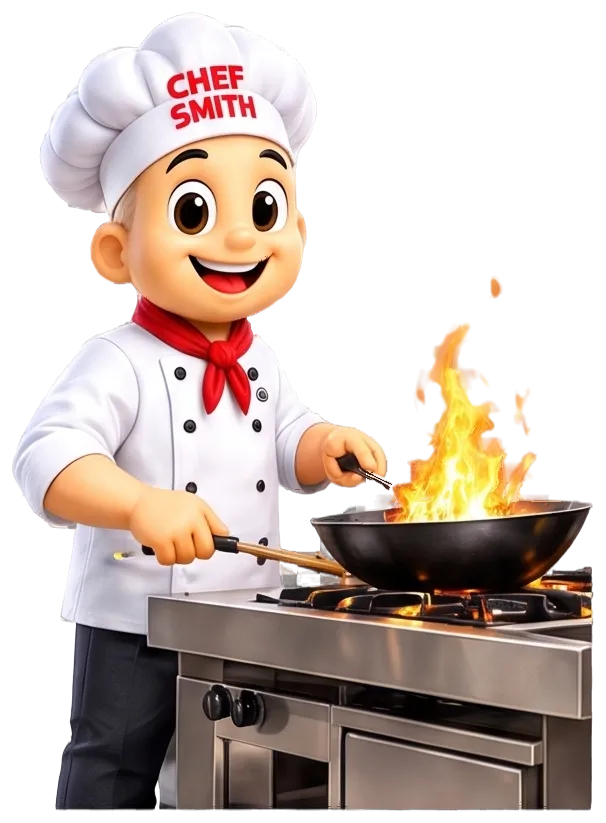 Chef Smith mascot cooking at a commercial gas range