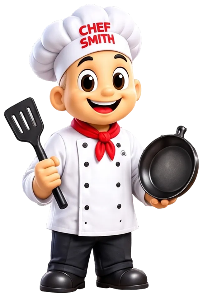 Chef Smith mascot holding a spatula and a pan