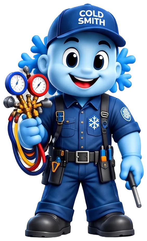 Cold Smith mascot holding a set of refrigeration gauges