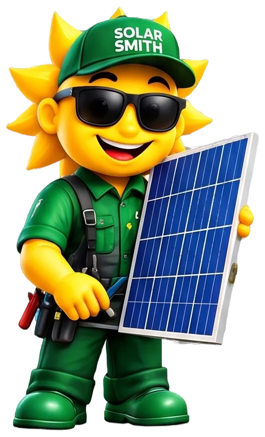 Solar Smith mascot fitting a solar panel