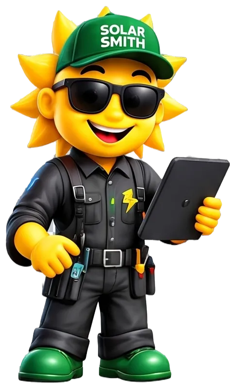 Solar Smith mascot checking a system on a tablet